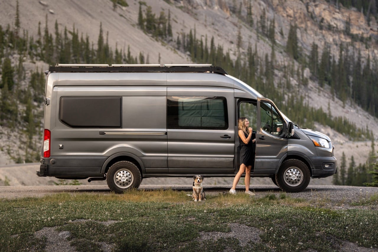 Girl and dog next to silver campervan surrounded by wilderness 