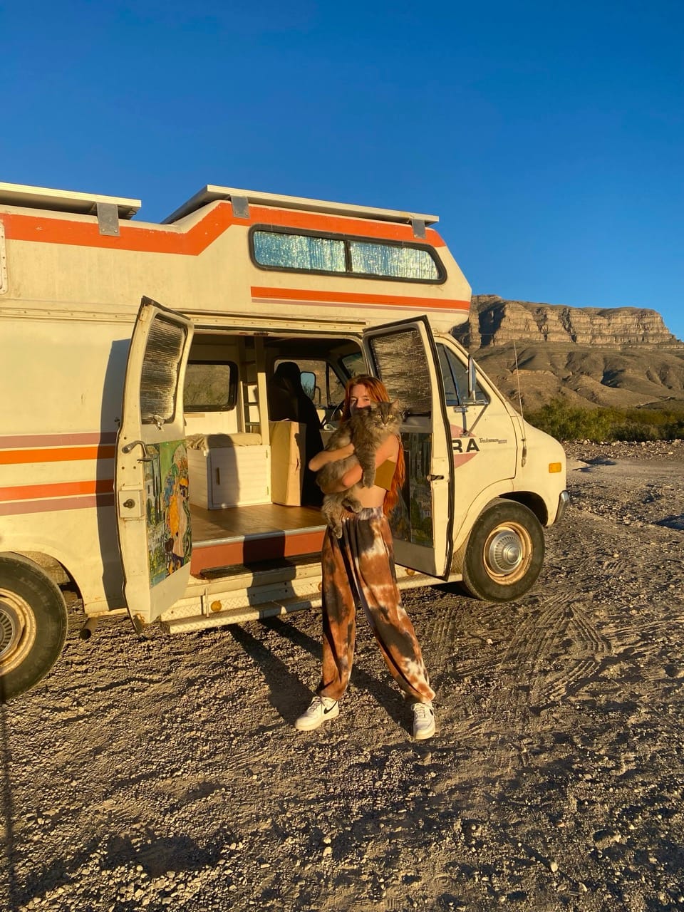 Young woman and her grey cat posing in front of a retro campervan